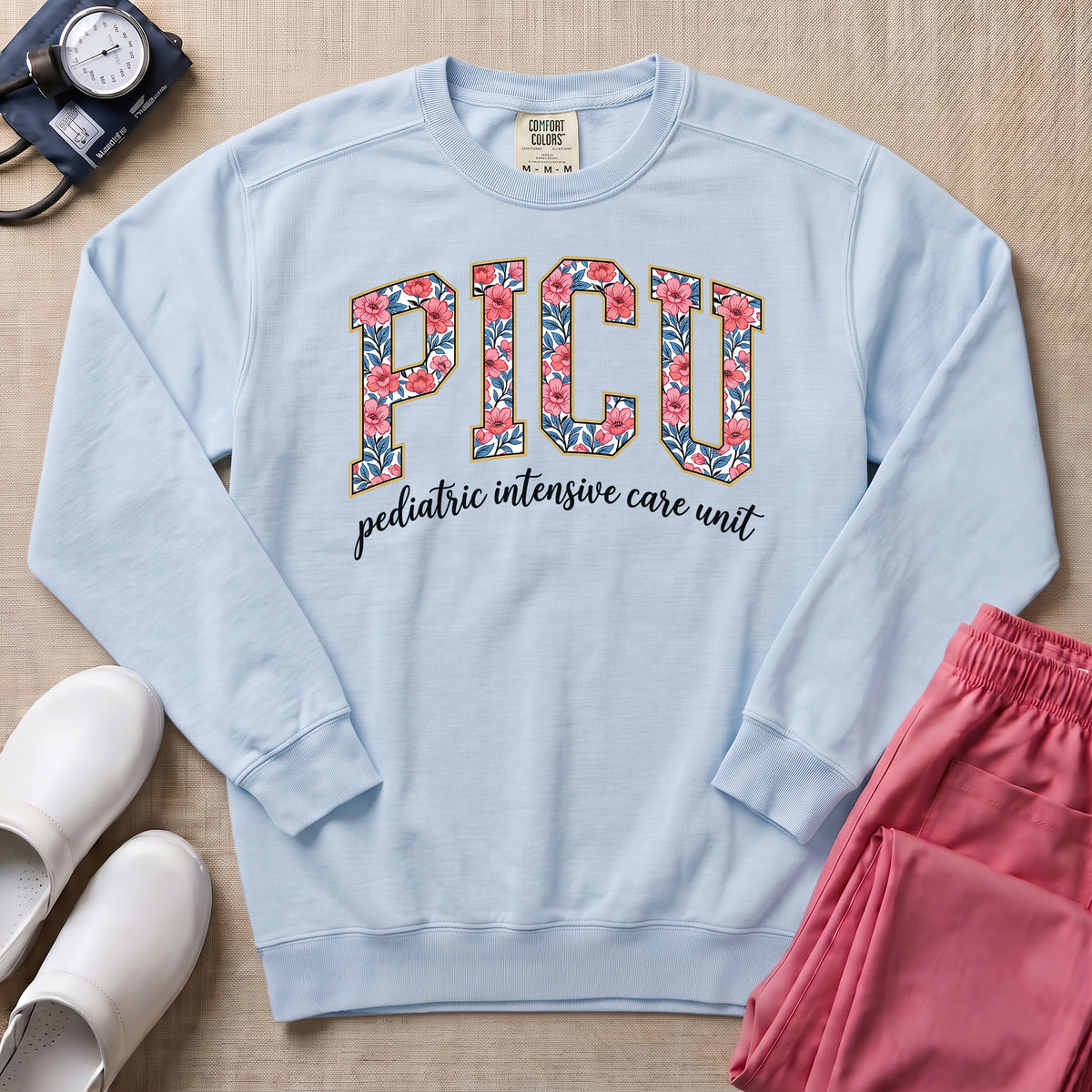 Floral PICU Pediatric Intensive Care Unit Nurse Sweatshirt - Chambray Comfort Colors Sweatshirt | HugTee