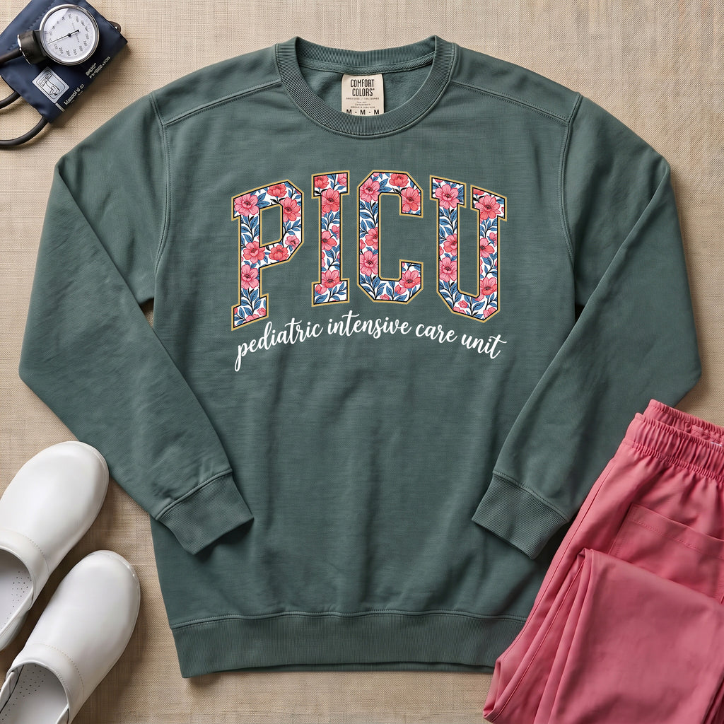 Floral PICU Pediatric Intensive Care Unit Nurse Sweatshirt - Blue Spruce Comfort Colors Sweatshirt | HugTee