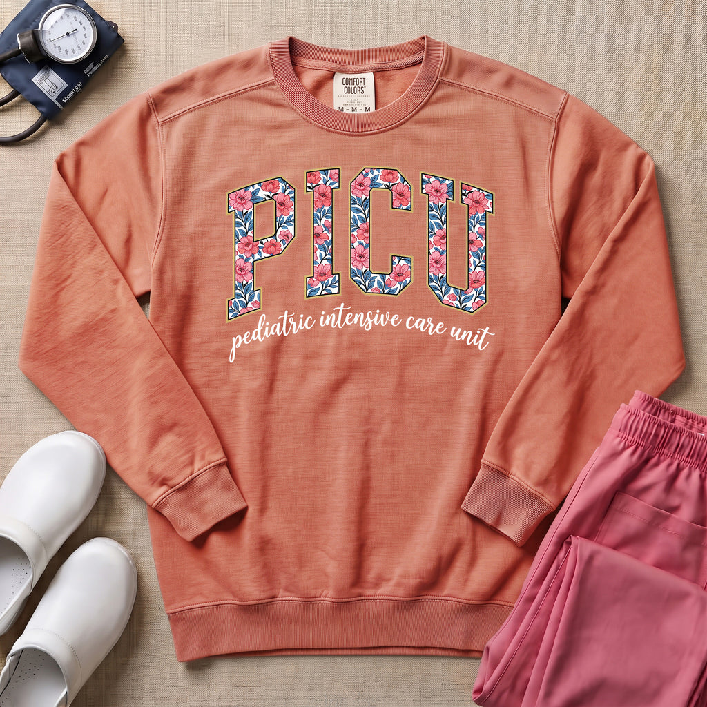 Floral PICU Pediatric Intensive Care Unit Nurse Sweatshirt - Terracotta Comfort Colors Sweatshirt | HugTee