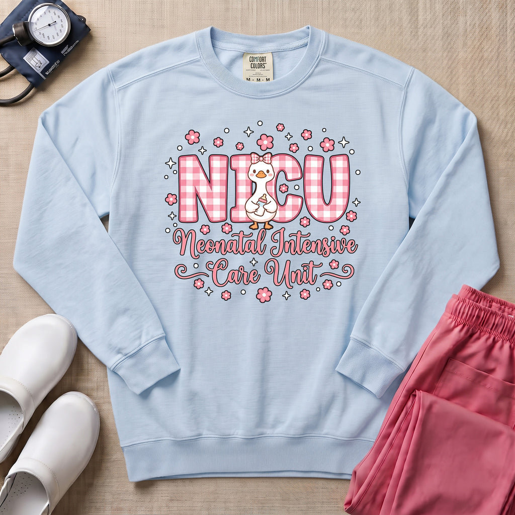 Cute Pink Gingham Duck NICU Nurse Sweatshirt - Chambray Comfort Colors Sweatshirt | HugTee