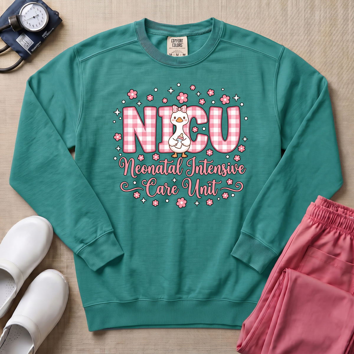 Cute Pink Gingham Duck NICU Nurse Sweatshirt - Seafoam Comfort Colors Sweatshirt | HugTee