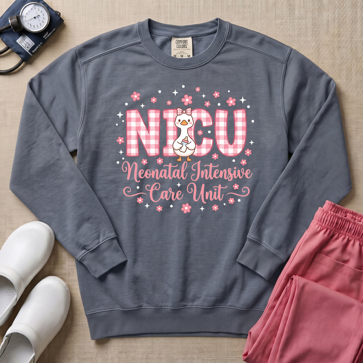 Cute Pink Gingham Duck NICU Nurse Sweatshirt - Blue Jean Comfort Colors Sweatshirt | HugTee