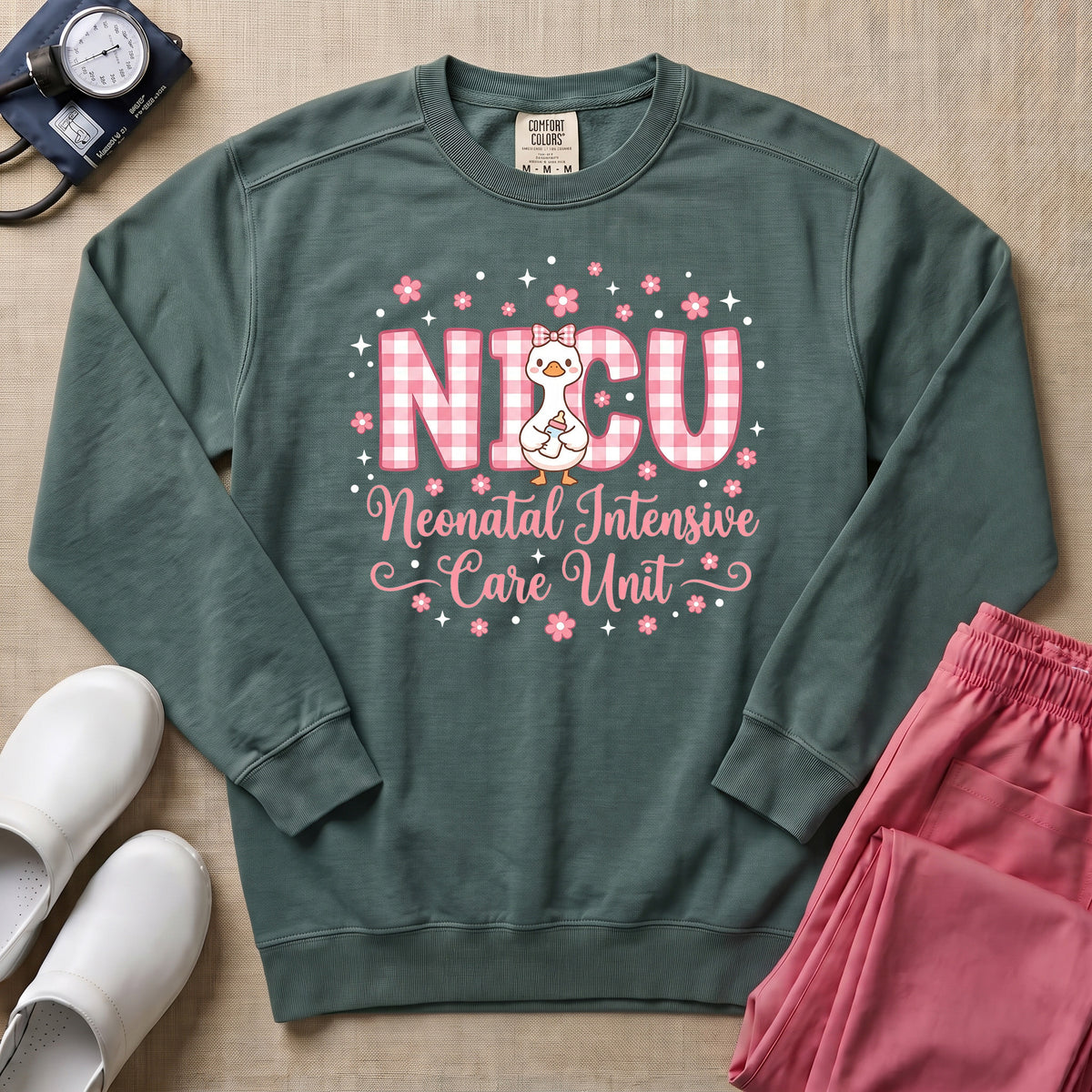 Cute Pink Gingham Duck NICU Nurse Sweatshirt - Blue Spruce Comfort Colors Sweatshirt | HugTee