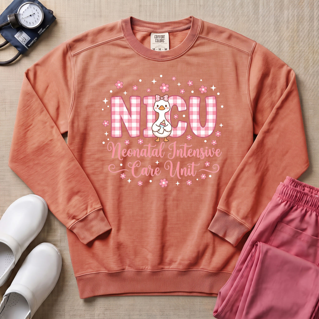 Cute Pink Gingham Duck NICU Nurse Sweatshirt - Terracotta Comfort Colors Sweatshirt | HugTee
