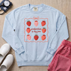Postpartum Is My Jam Strawberry Coquette Nurse Sweatshirt - Chambray Comfort Colors Sweatshirt | HugTee