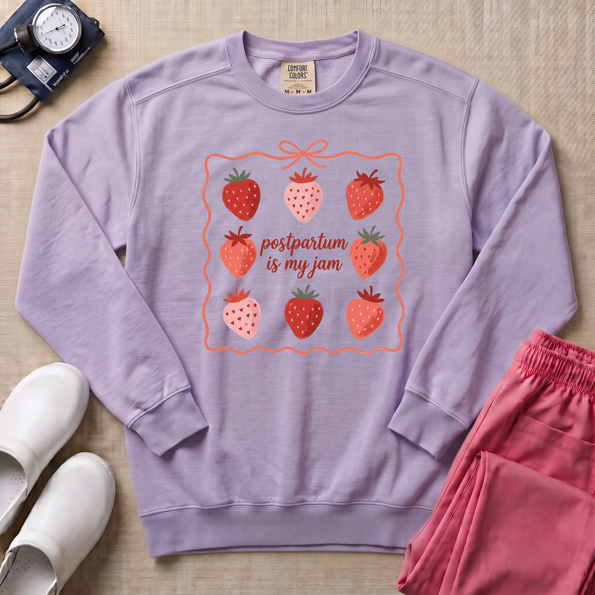 Postpartum Is My Jam Strawberry Coquette Nurse Sweatshirt - Orchid Comfort Colors Sweatshirt | HugTee