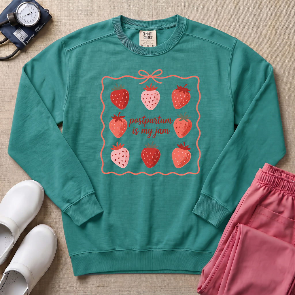 Postpartum Is My Jam Strawberry Coquette Nurse Sweatshirt - Seafoam Comfort Colors Sweatshirt | HugTee