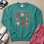 Postpartum Is My Jam Strawberry Coquette Nurse Sweatshirt - Seafoam Comfort Colors Sweatshirt | HugTee