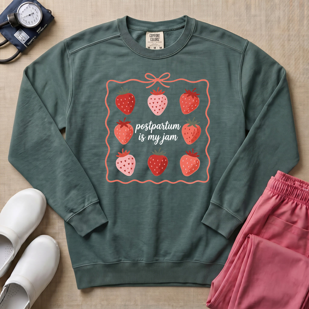 Postpartum Is My Jam Strawberry Coquette Nurse Sweatshirt - Blue Spruce Comfort Colors Sweatshirt | HugTee