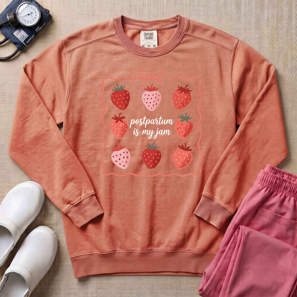 Postpartum Is My Jam Strawberry Coquette Nurse Sweatshirt - Terracotta Comfort Colors Sweatshirt | HugTee