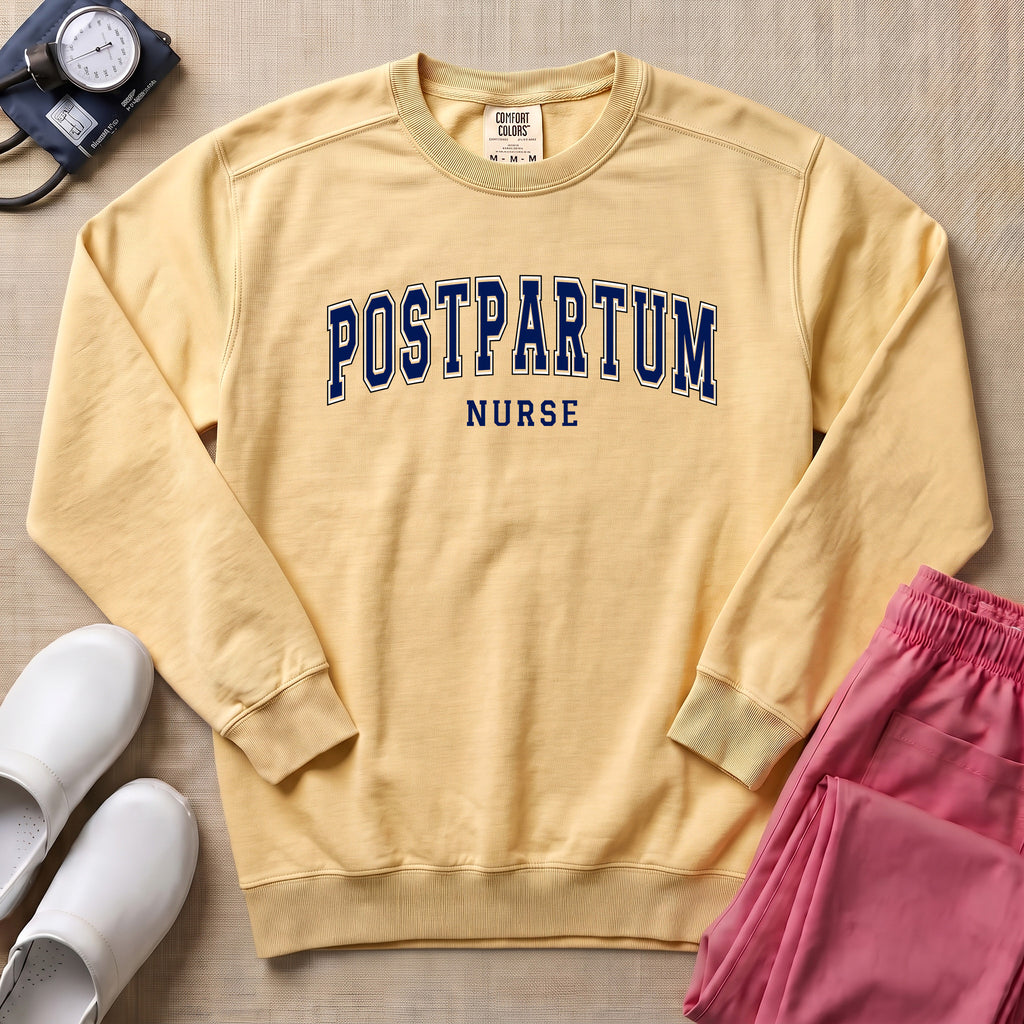 Classic Collegiate Postpartum Nurse Sweatshirt - Butter Comfort Colors Sweatshirt | HugTee