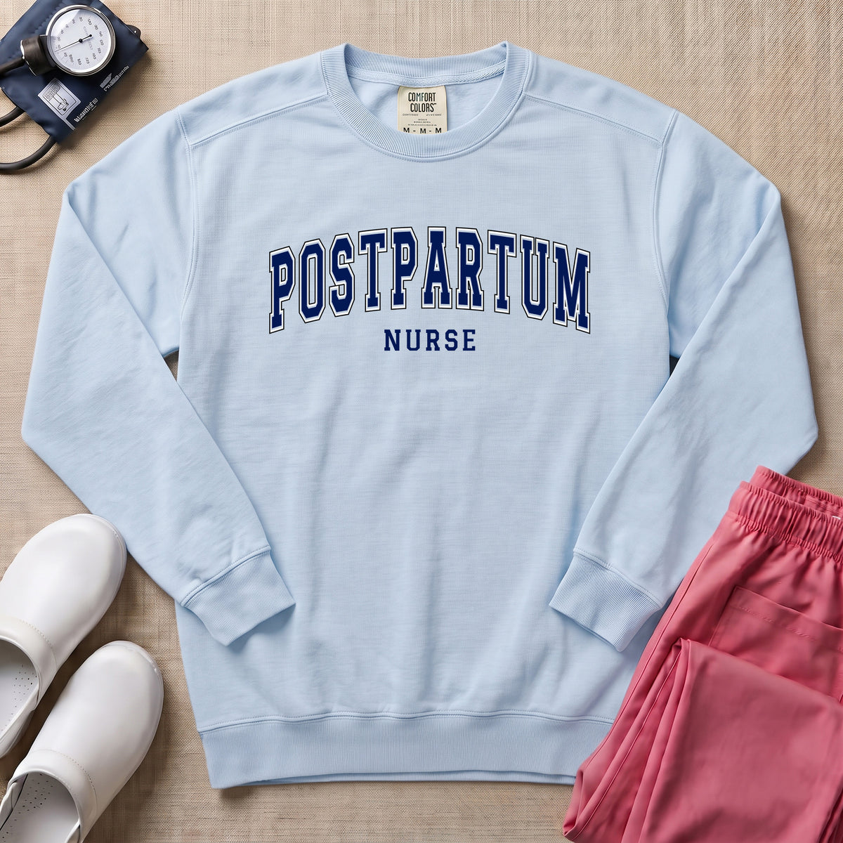 Classic Collegiate Postpartum Nurse Sweatshirt - Chambray Comfort Colors Sweatshirt | HugTee