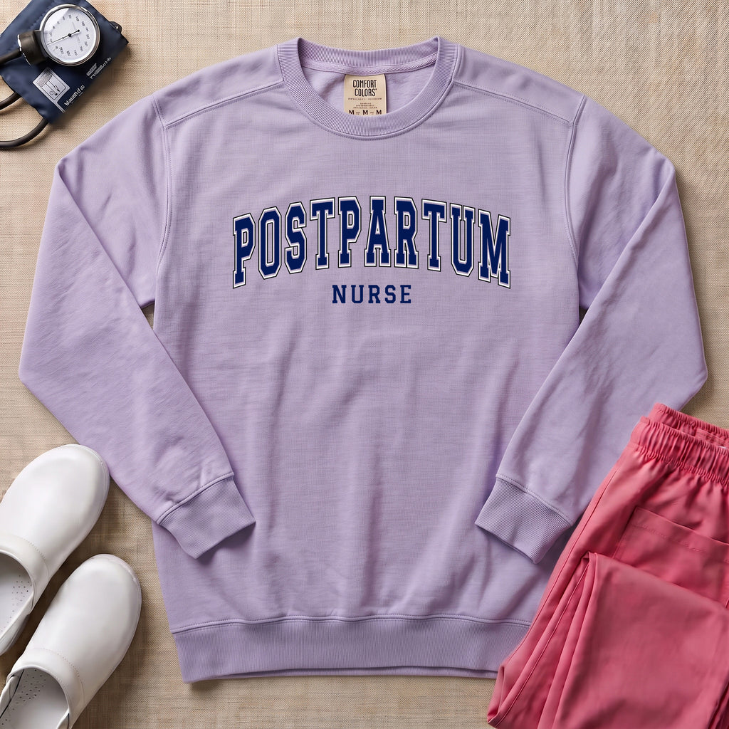 Classic Collegiate Postpartum Nurse Sweatshirt - Orchid Comfort Colors Sweatshirt | HugTee