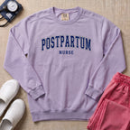 Classic Collegiate Postpartum Nurse Sweatshirt - Orchid Comfort Colors Sweatshirt | HugTee