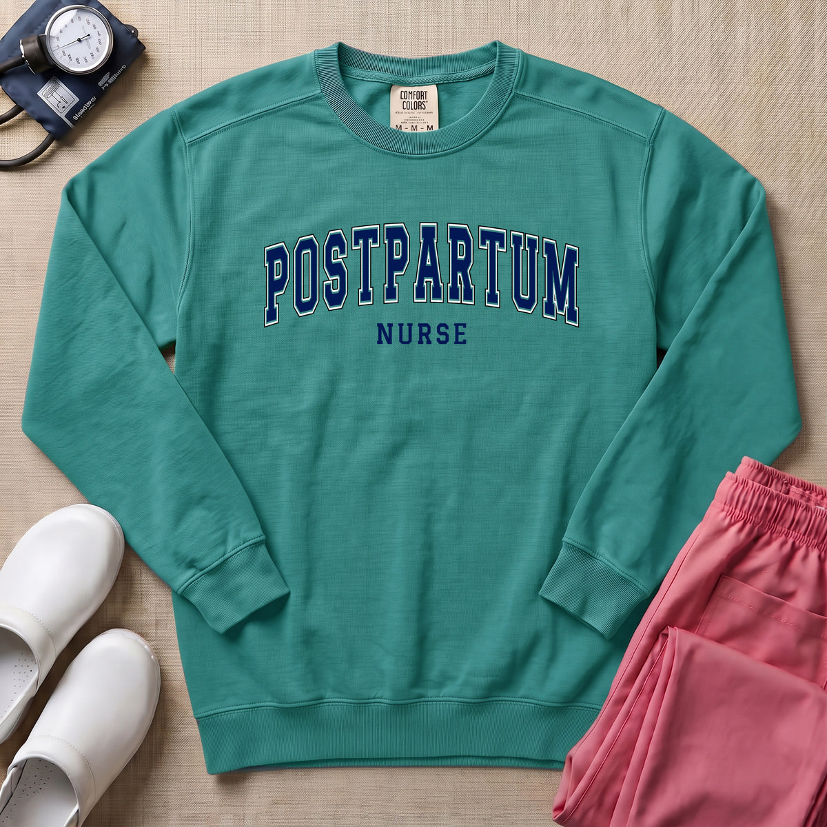 Classic Collegiate Postpartum Nurse Sweatshirt - Seafoam Comfort Colors Sweatshirt | HugTee