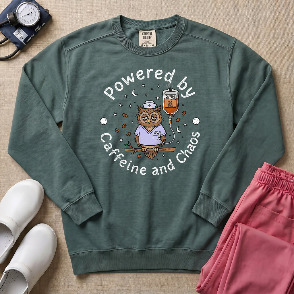 Powered By Caffeine And Chaos Night Shift Nurse Sweatshirt - Blue Spruce Comfort Colors Sweatshirt | HugTee