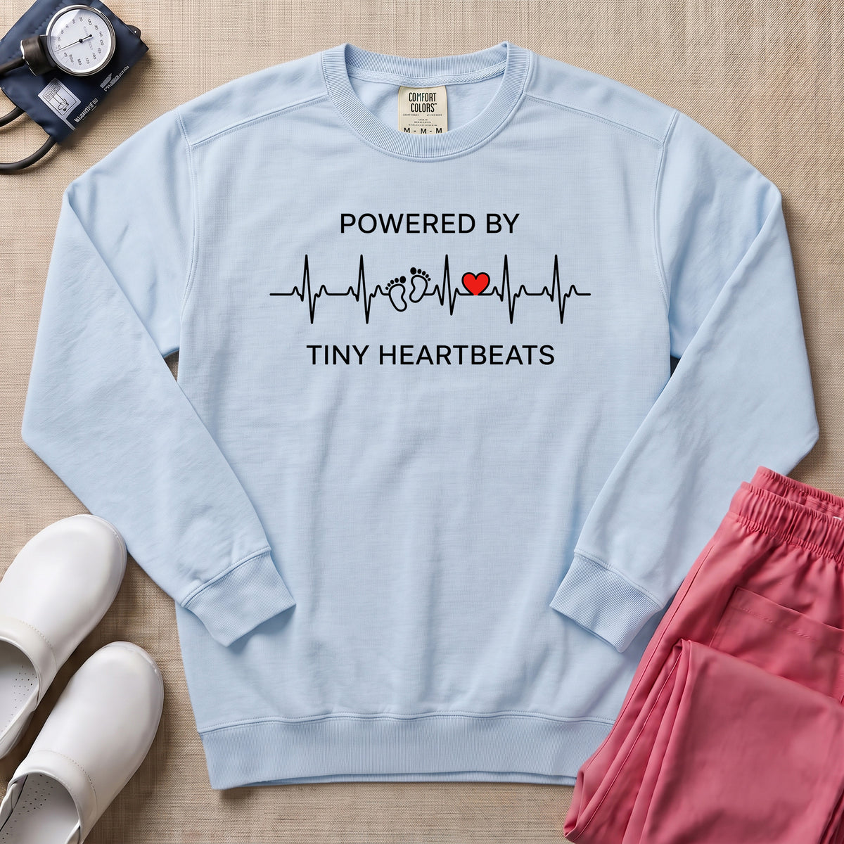Powered By Tiny Heartbeats EKG Nurse Sweatshirt - Chambray Comfort Colors Sweatshirt | HugTee