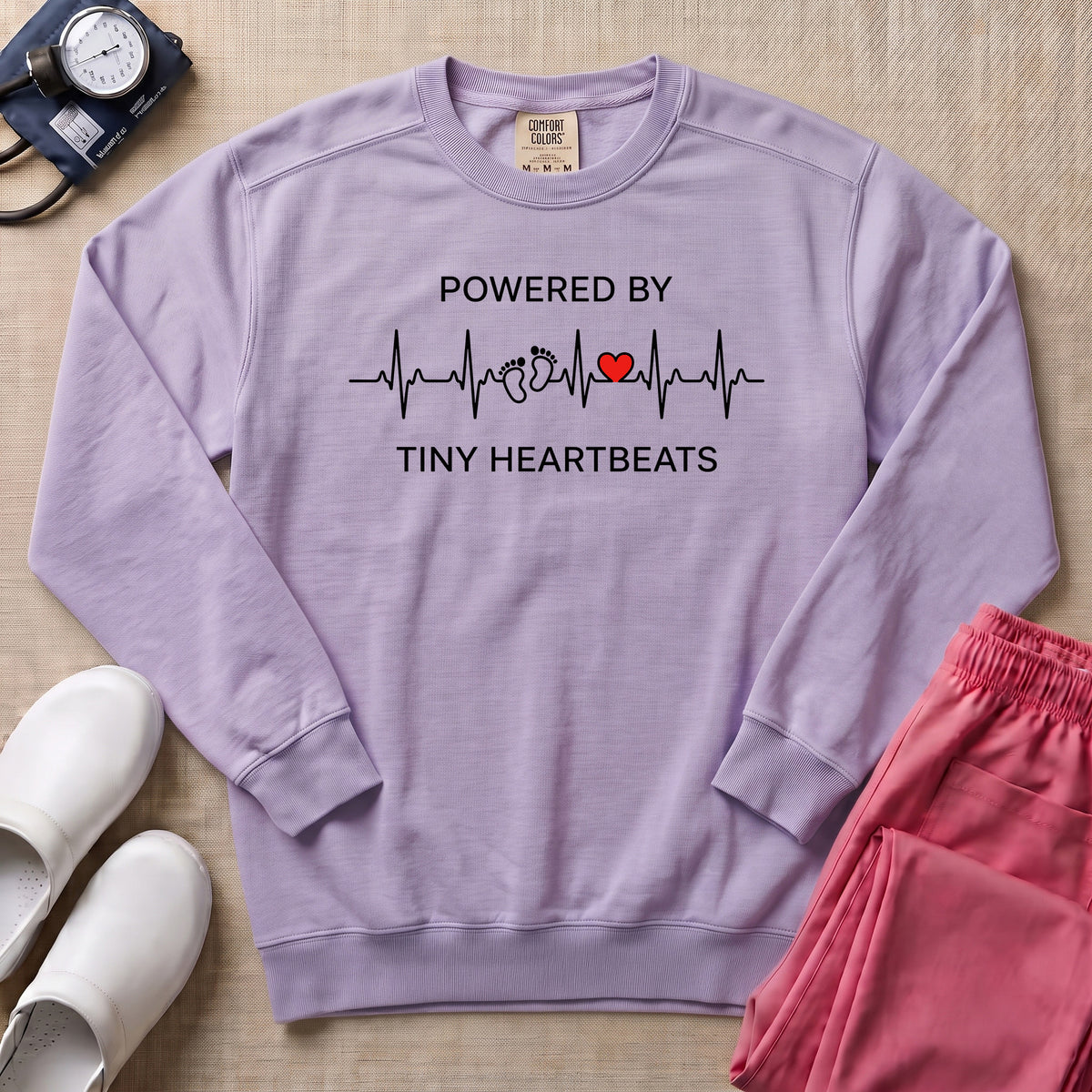 Powered By Tiny Heartbeats EKG Nurse Sweatshirt - Orchid Comfort Colors Sweatshirt | HugTee