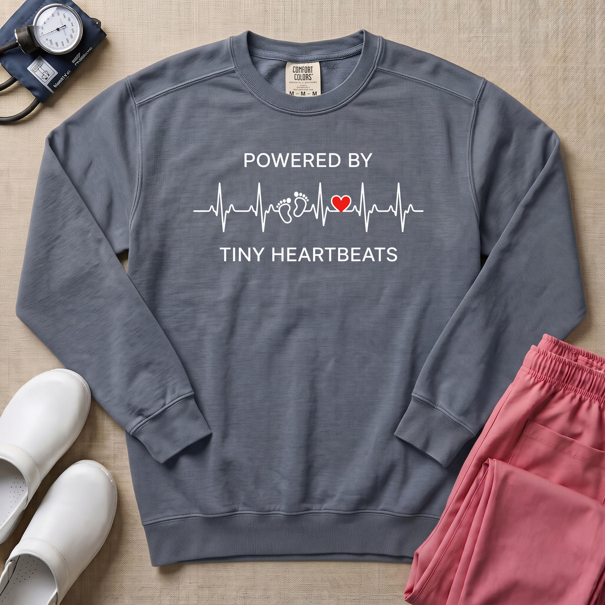 Powered By Tiny Heartbeats EKG Nurse Sweatshirt - Blue Jean Comfort Colors Sweatshirt | HugTee