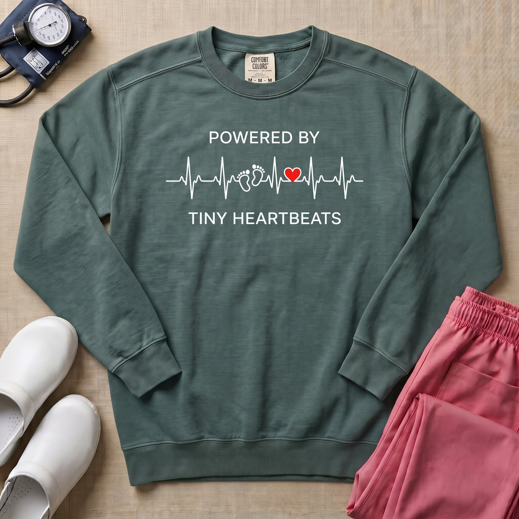 Powered By Tiny Heartbeats EKG Nurse Sweatshirt - Blue Spruce Comfort Colors Sweatshirt | HugTee