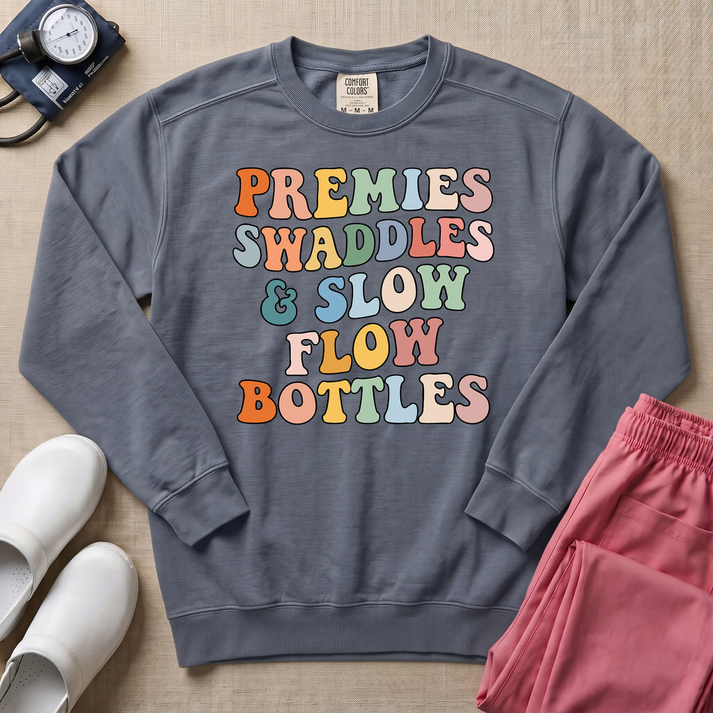 Premies Swaddles & Slow Flow Bottles Retro NICU Sweatshirt - Blue Jean Comfort Colors Sweatshirt | HugTee