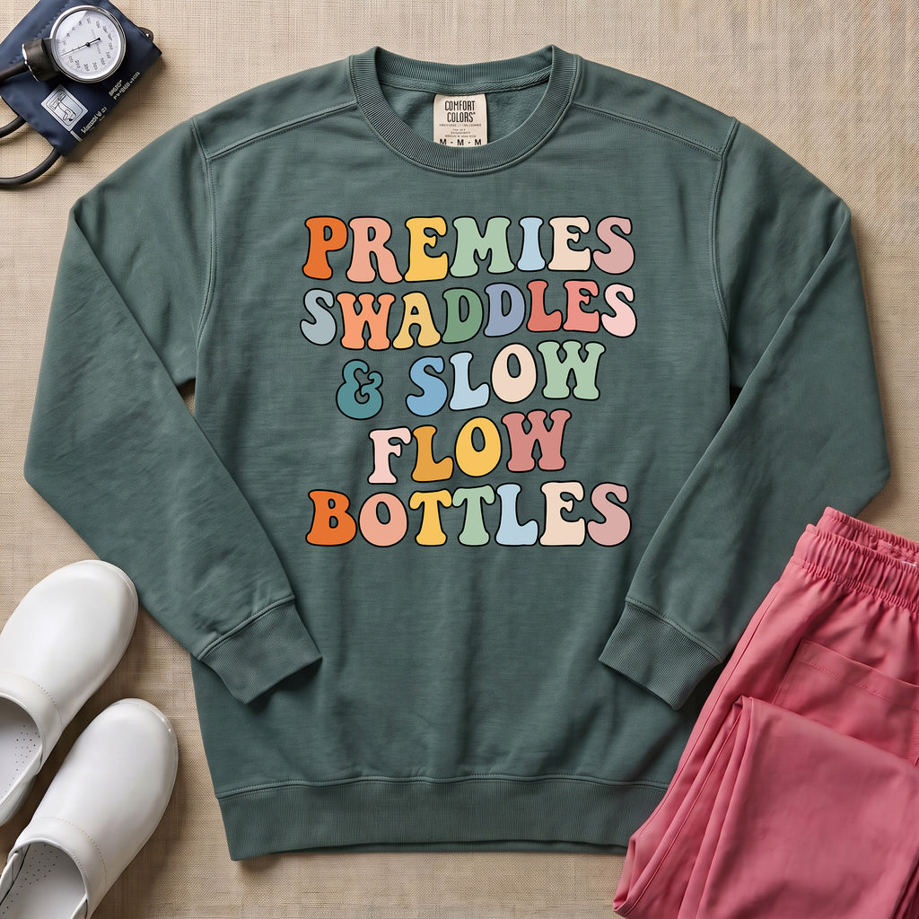 Premies Swaddles & Slow Flow Bottles Retro NICU Sweatshirt - Blue Spruce Comfort Colors Sweatshirt | HugTee