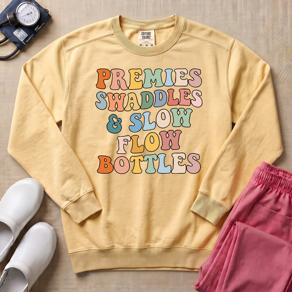 Premies Swaddles & Slow Flow Bottles Retro NICU Sweatshirt - Butter Comfort Colors Sweatshirt | HugTee