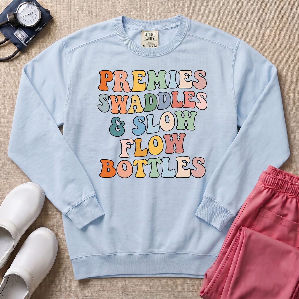 Premies Swaddles & Slow Flow Bottles Retro NICU Sweatshirt - Chambray Comfort Colors Sweatshirt | HugTee
