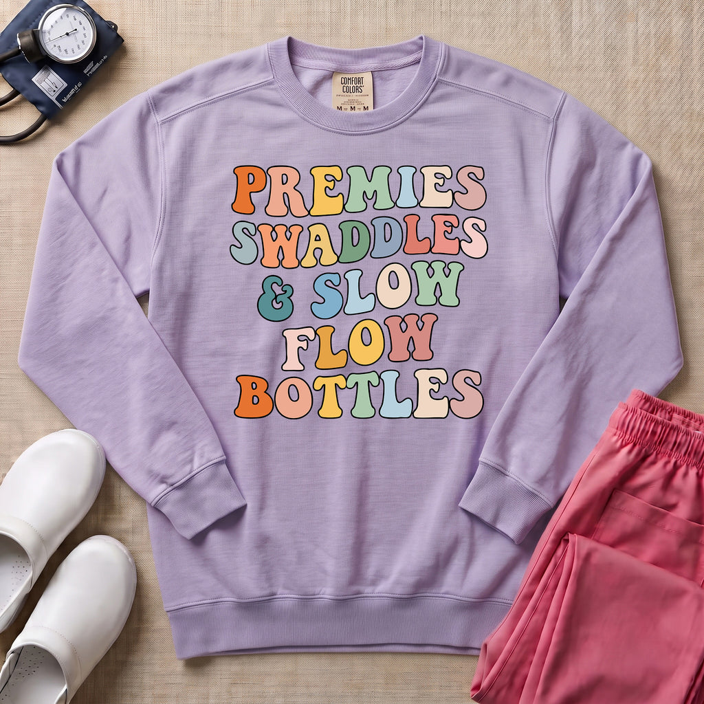 Premies Swaddles & Slow Flow Bottles Retro NICU Sweatshirt - Orchid Comfort Colors Sweatshirt | HugTee