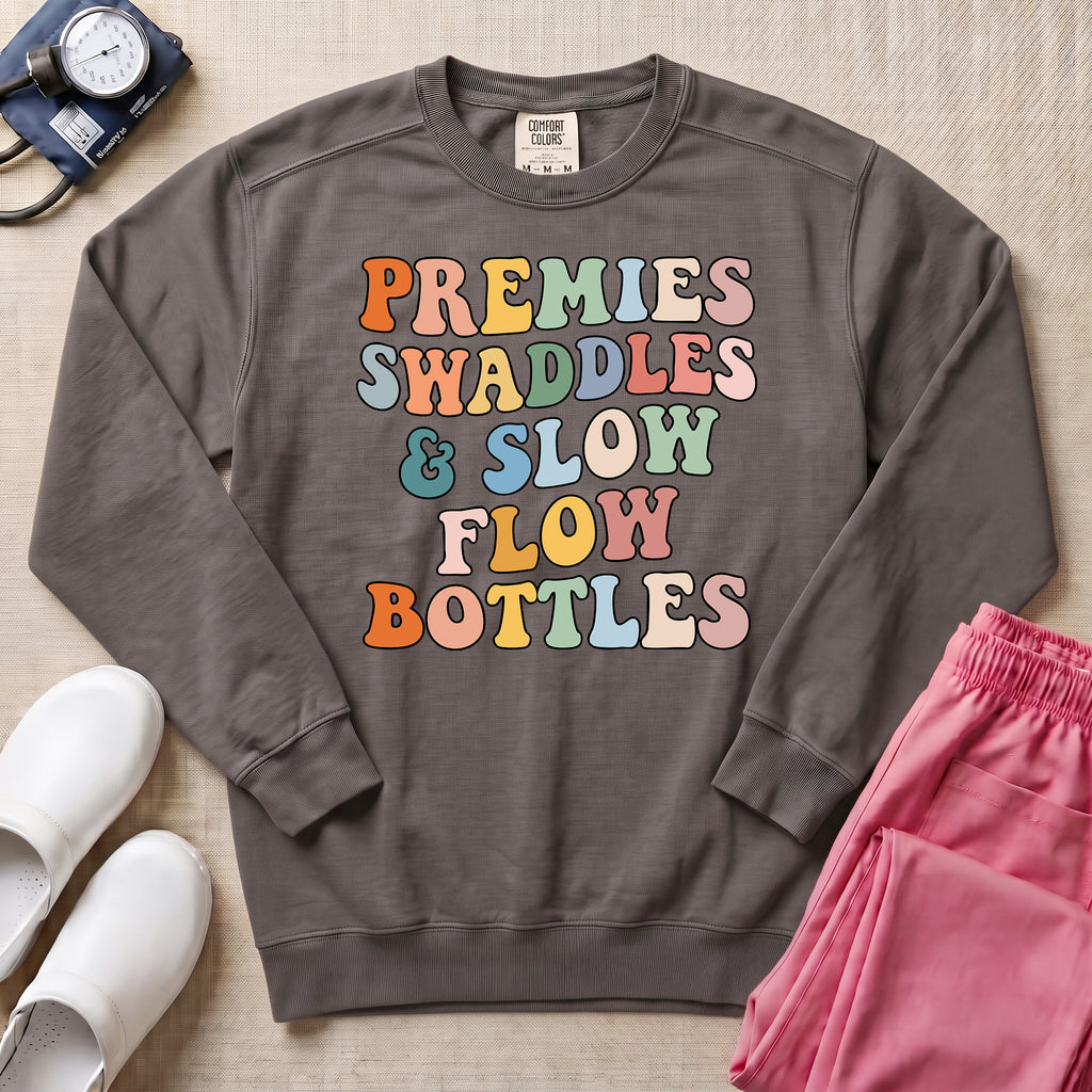 Premies Swaddles & Slow Flow Bottles Retro NICU Sweatshirt - Pepper Lifestyle Hero Mockup | HugTee