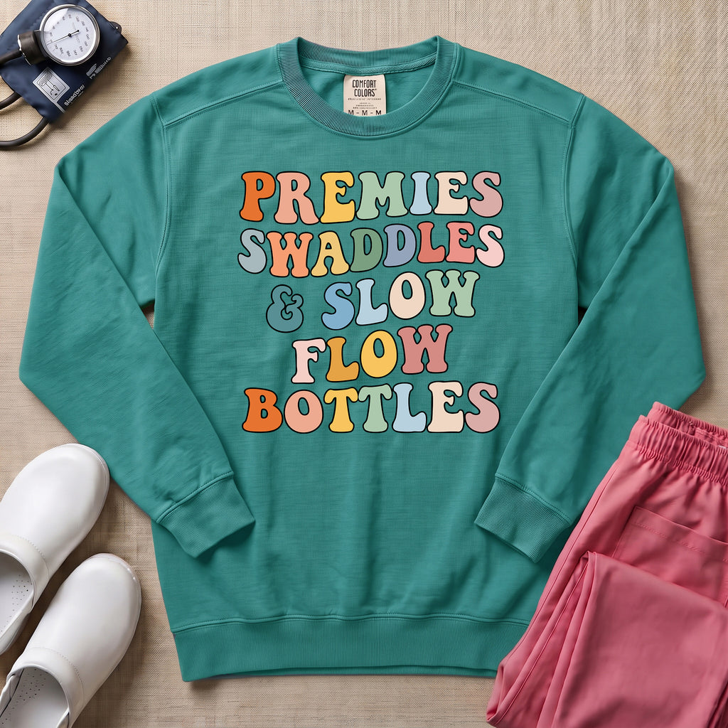 Premies Swaddles & Slow Flow Bottles Retro NICU Sweatshirt - Seafoam Comfort Colors Sweatshirt | HugTee