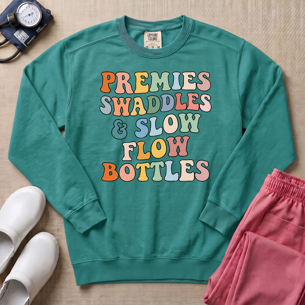Premies Swaddles & Slow Flow Bottles Retro NICU Sweatshirt - Seafoam Comfort Colors Sweatshirt | HugTee