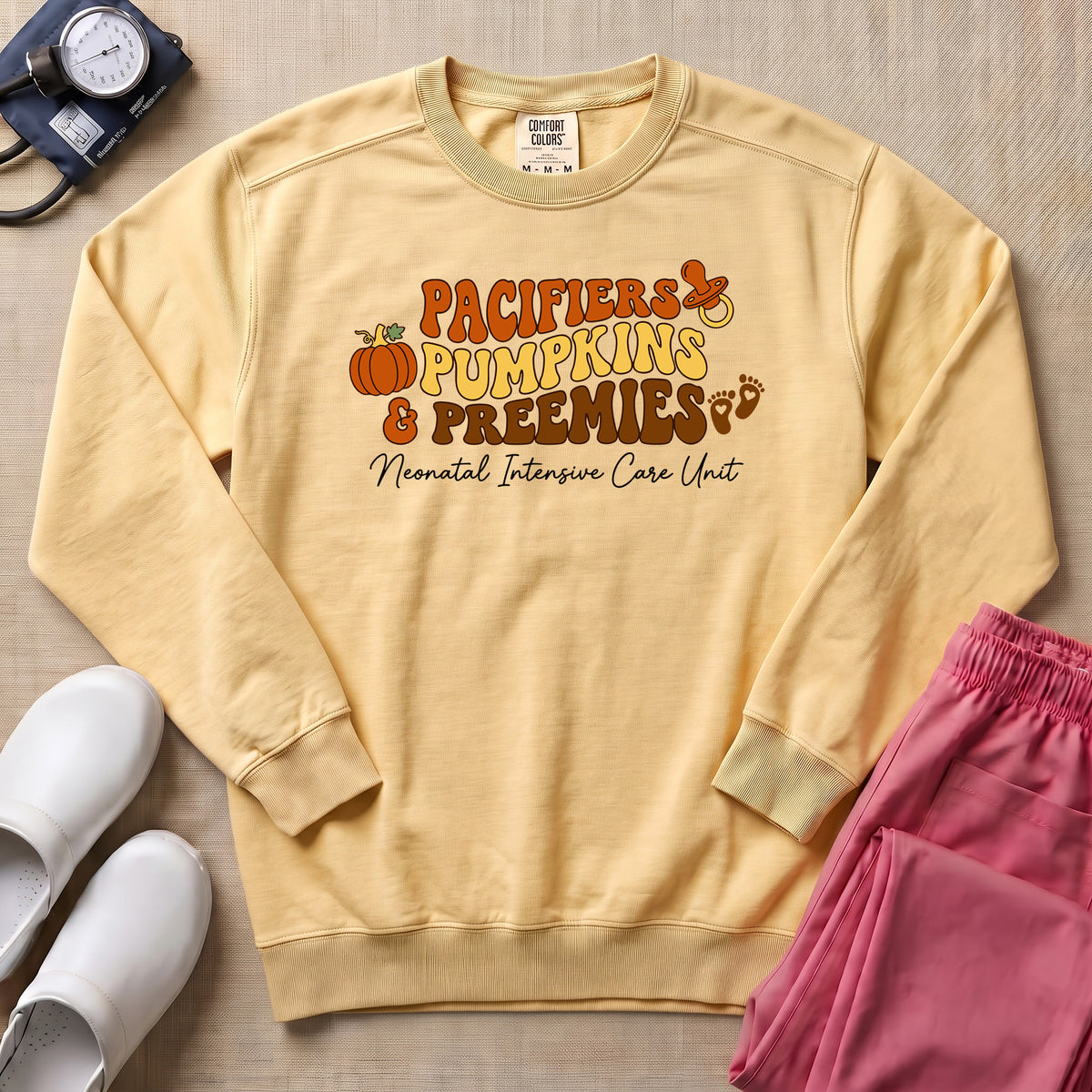 Pacifiers Pumpkins & Preemies Retro Fall NICU Sweatshirt - Butter Comfort Colors Sweatshirt | HugTee