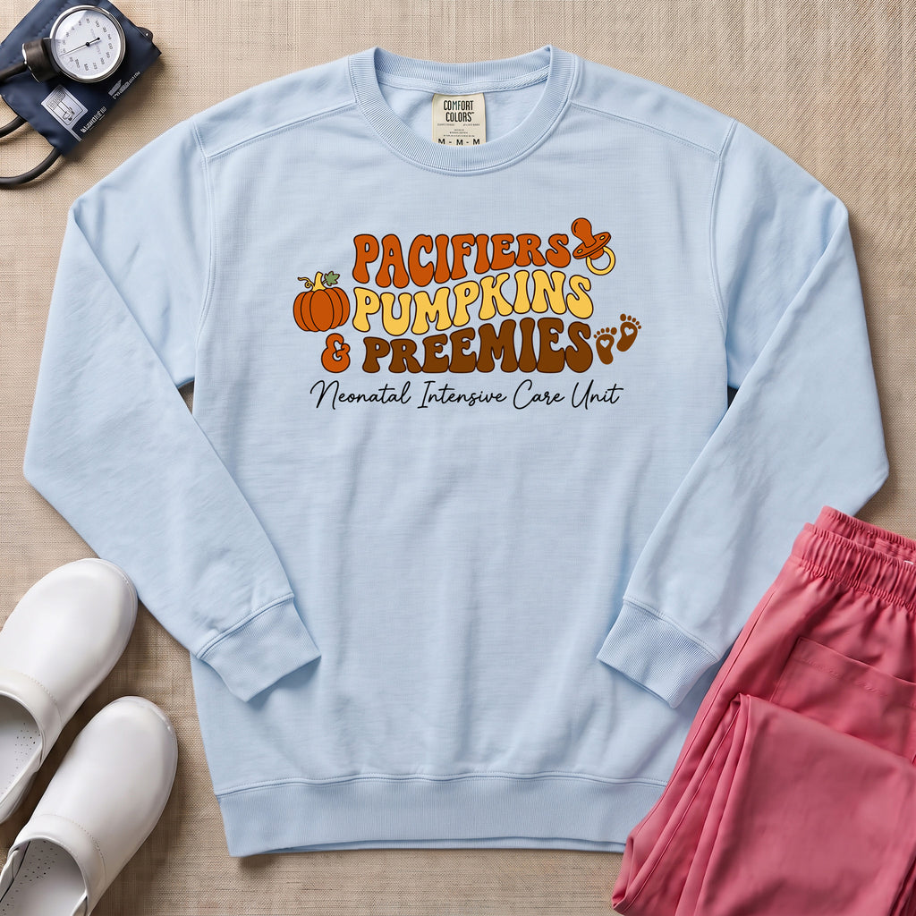 Pacifiers Pumpkins & Preemies Retro Fall NICU Sweatshirt - Chambray Comfort Colors Sweatshirt | HugTee