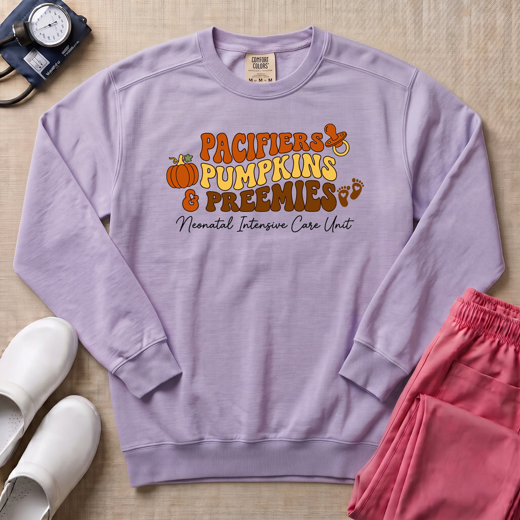 Pacifiers Pumpkins & Preemies Retro Fall NICU Sweatshirt - Orchid Comfort Colors Sweatshirt | HugTee