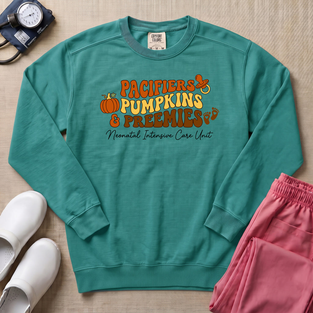 Pacifiers Pumpkins & Preemies Retro Fall NICU Sweatshirt - Seafoam Comfort Colors Sweatshirt | HugTee