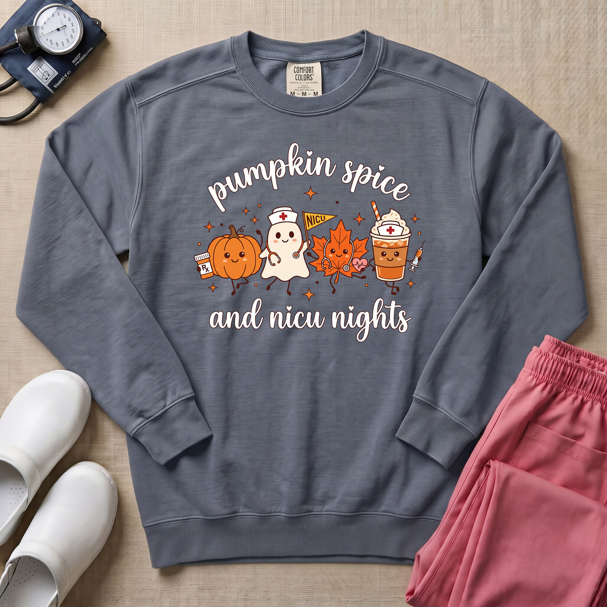 Cute Pumpkin Spice and NICU Nights Fall Night Shift Nurse Sweatshirt - Blue Jean Comfort Colors Sweatshirt | HugTee