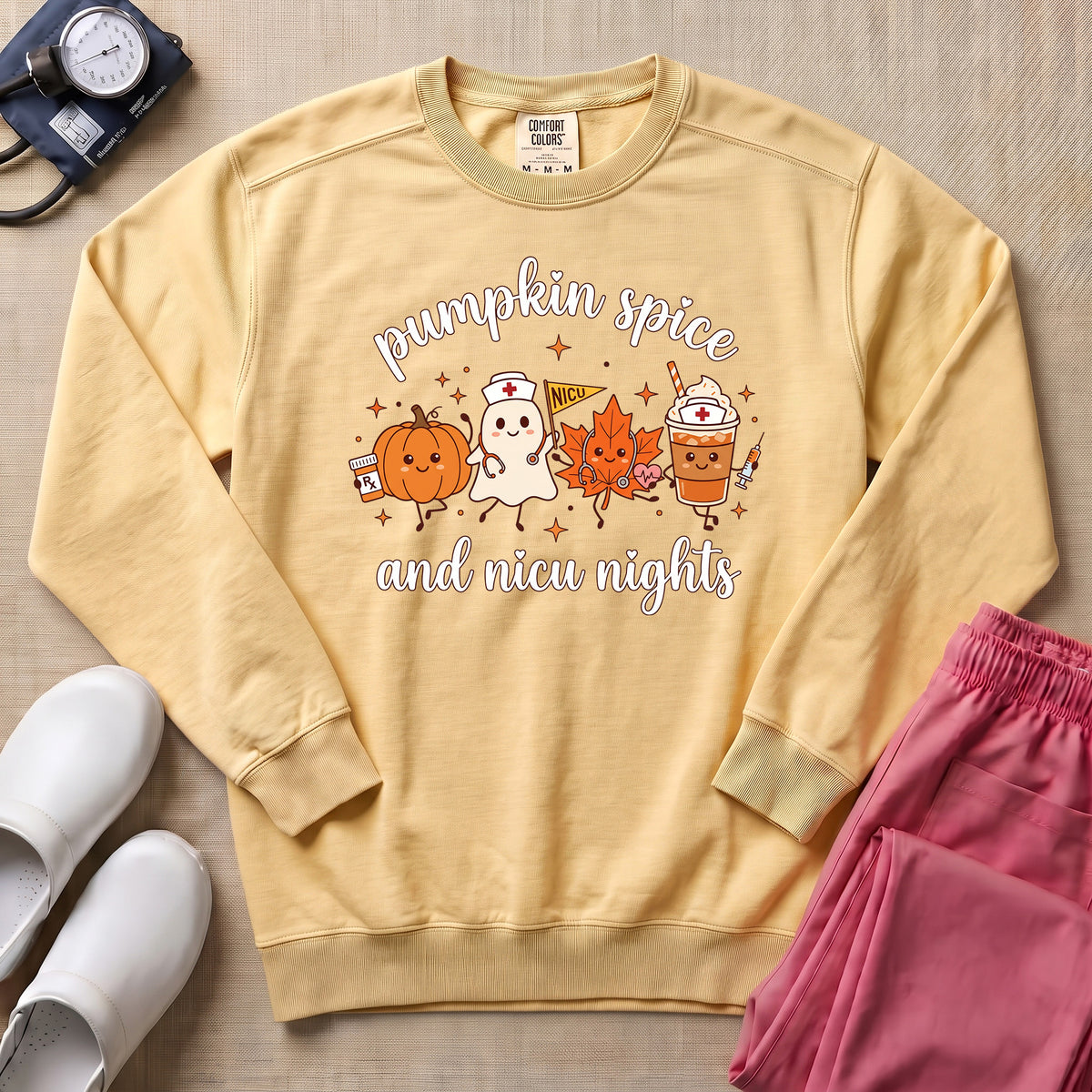 Cute Pumpkin Spice and NICU Nights Fall Night Shift Nurse Sweatshirt - Butter Comfort Colors Sweatshirt | HugTee