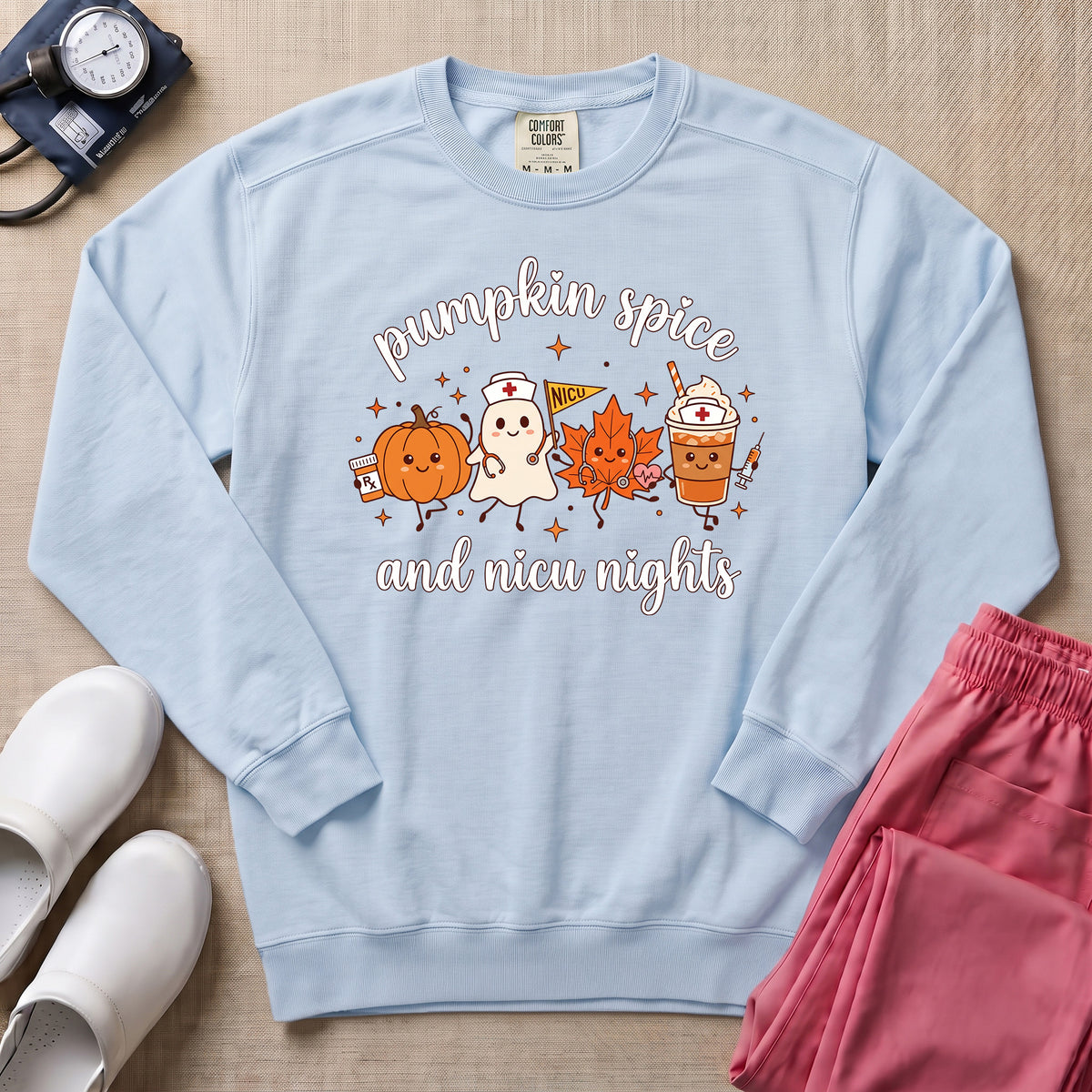Cute Pumpkin Spice and NICU Nights Fall Night Shift Nurse Sweatshirt - Chambray Comfort Colors Sweatshirt | HugTee