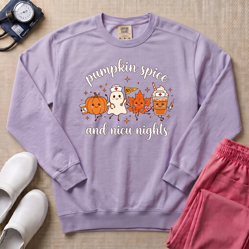 Cute Pumpkin Spice and NICU Nights Fall Night Shift Nurse Sweatshirt - Orchid Comfort Colors Sweatshirt | HugTee