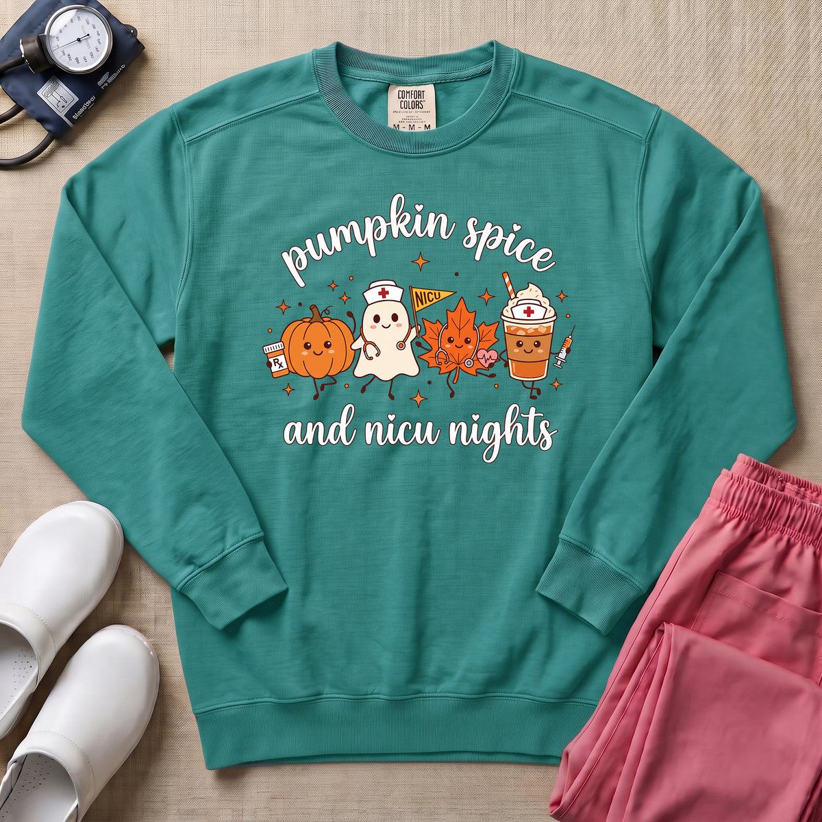 Cute Pumpkin Spice and NICU Nights Fall Night Shift Nurse Sweatshirt - Seafoam Comfort Colors Sweatshirt | HugTee