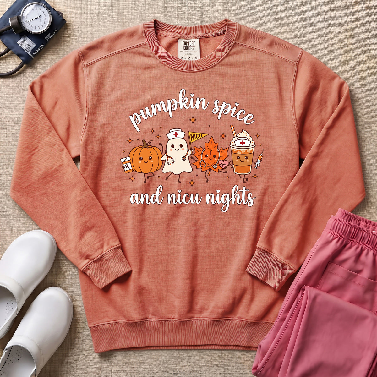 Cute Pumpkin Spice and NICU Nights Fall Night Shift Nurse Sweatshirt - Terracotta Comfort Colors Sweatshirt | HugTee