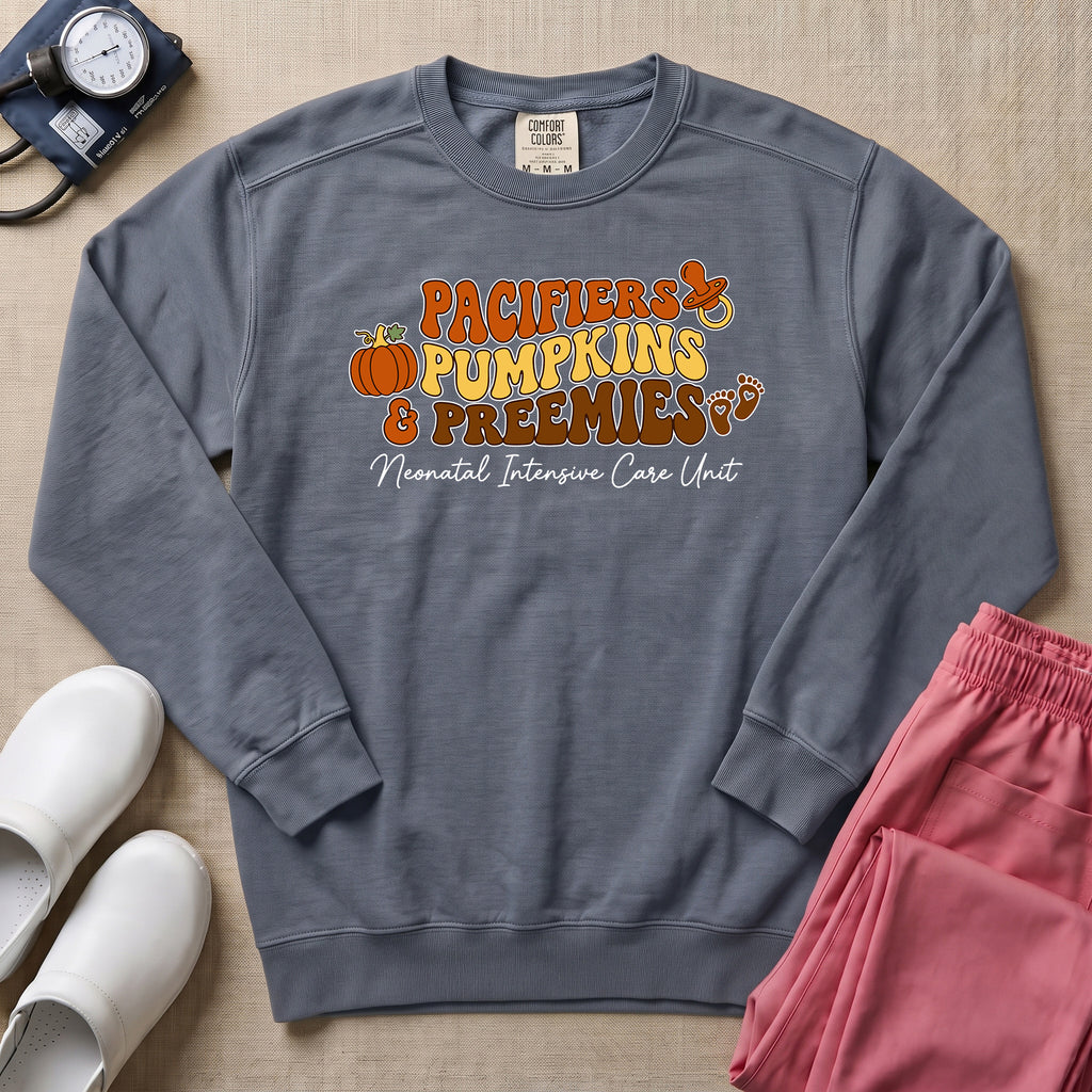 Pacifiers Pumpkins & Preemies Retro Fall NICU Sweatshirt - Blue Jean Comfort Colors Sweatshirt | HugTee