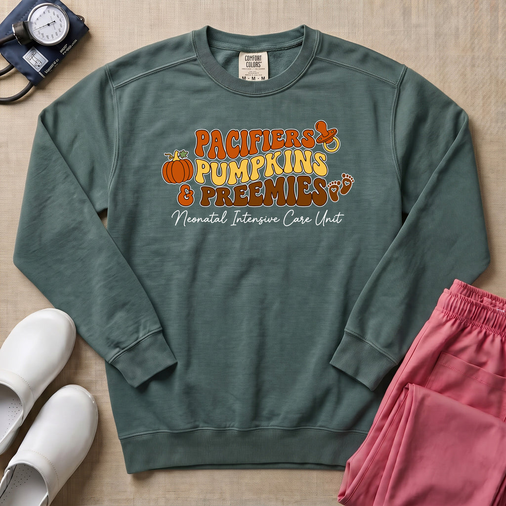 Pacifiers Pumpkins & Preemies Retro Fall NICU Sweatshirt - Blue Spruce Comfort Colors Sweatshirt | HugTee