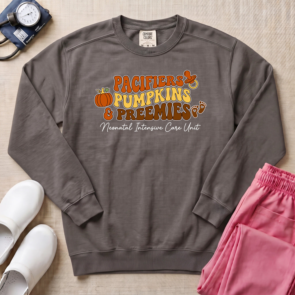 Pacifiers Pumpkins & Preemies Retro Fall NICU Sweatshirt - Pepper Lifestyle Hero Mockup | HugTee