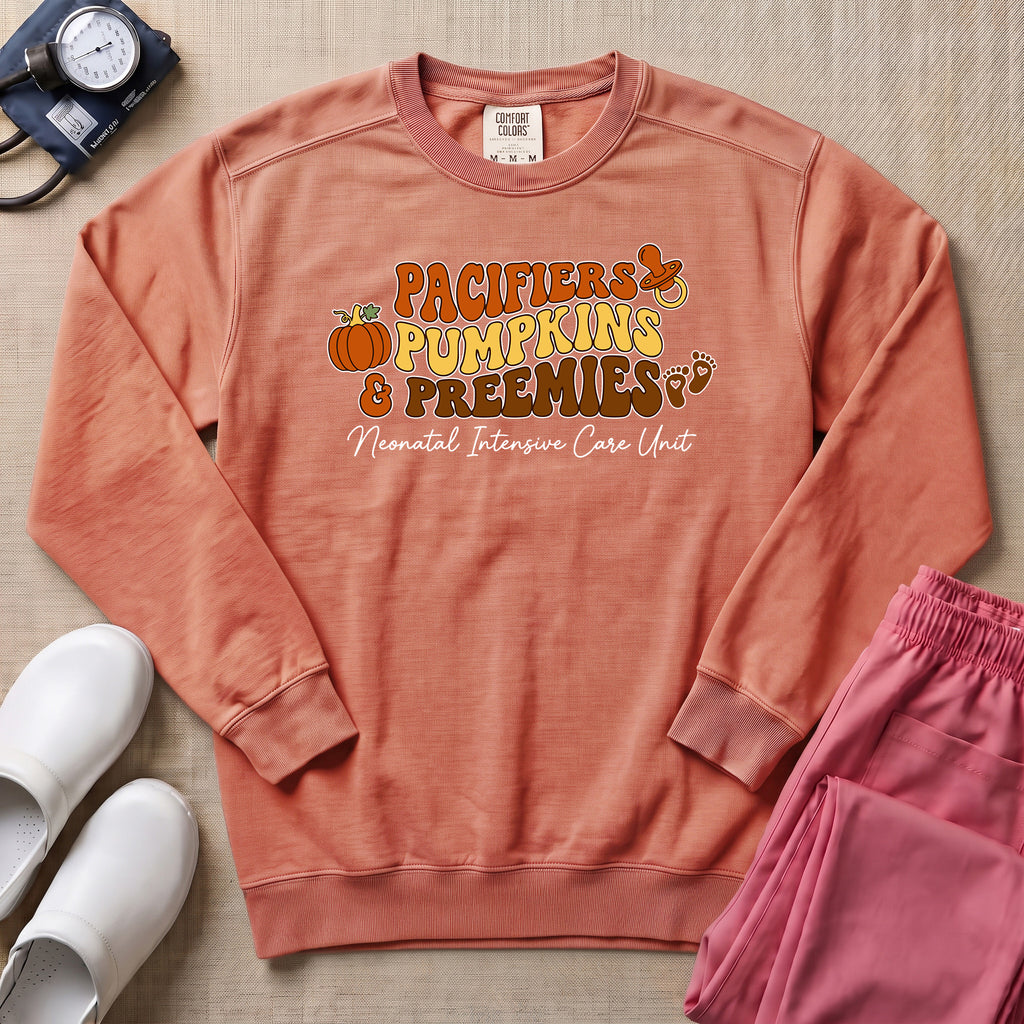 Pacifiers Pumpkins & Preemies Retro Fall NICU Sweatshirt - Terracotta Comfort Colors Sweatshirt | HugTee