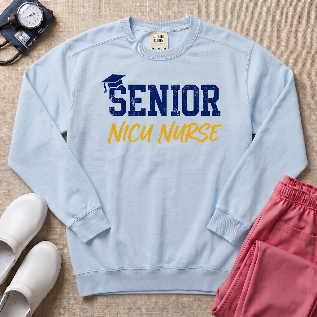 Senior NICU Nurse Collegiate Sweatshirt - Chambray Comfort Colors Sweatshirt | HugTee