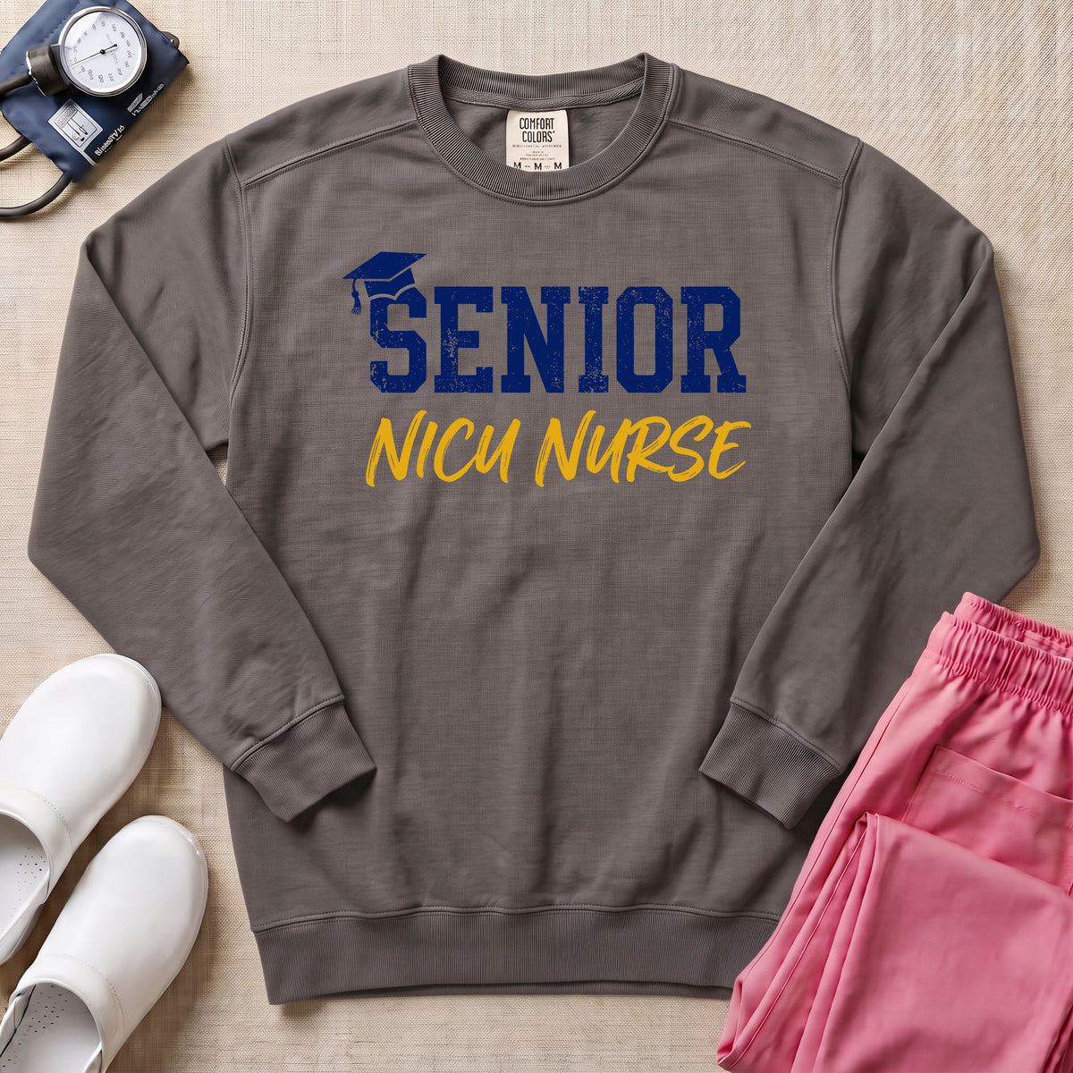 Senior NICU Nurse Collegiate Sweatshirt - Pepper Lifestyle Hero Mockup | HugTee