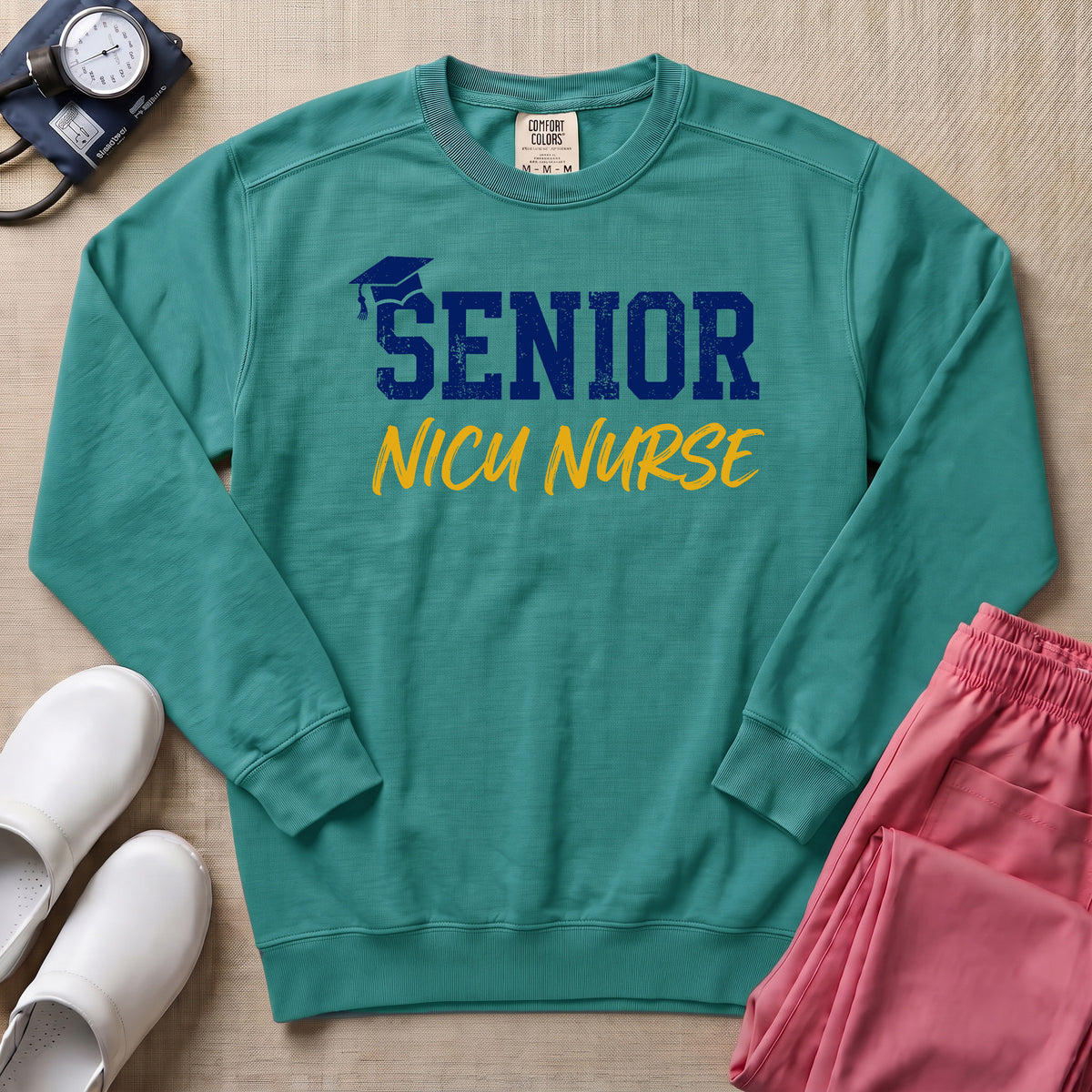 Senior NICU Nurse Collegiate Sweatshirt - Seafoam Comfort Colors Sweatshirt | HugTee
