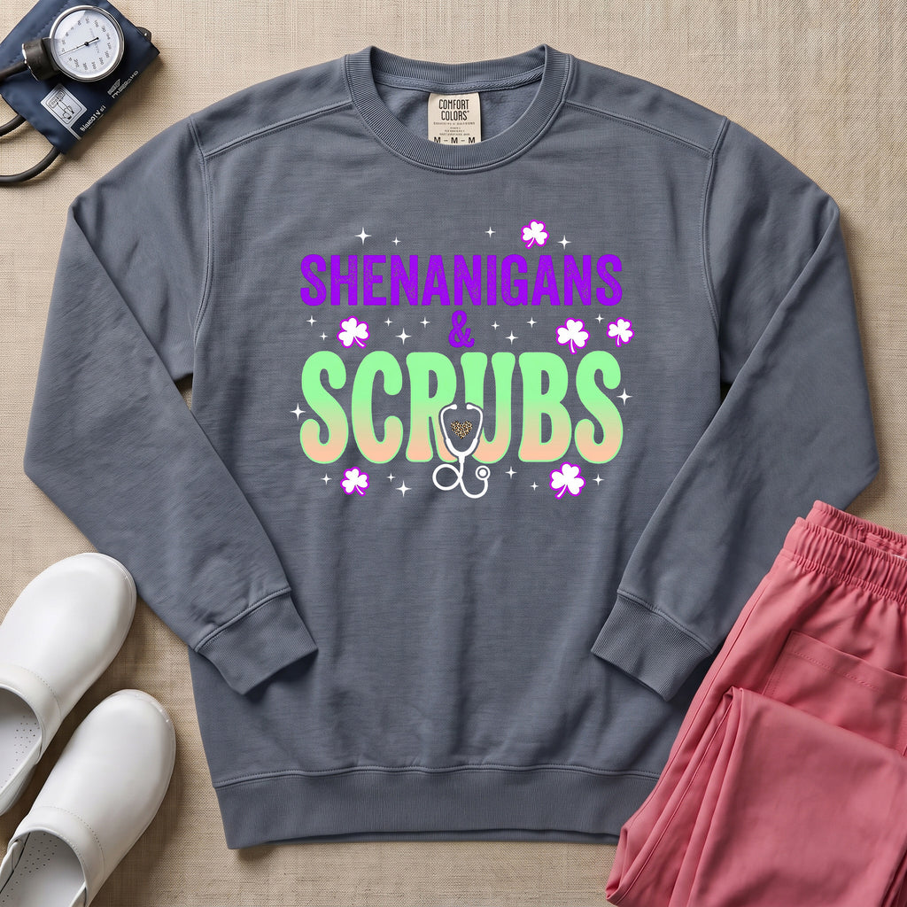 Shenanigans & Scrubs St. Patrick's Day Funny Nurse Gift Sweatshirt - Blue Jean Comfort Colors Sweatshirt | HugTee